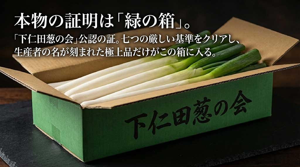 七つの厳しい基準をクリアした下仁田葱の会公認の証「緑の箱」に関する解説