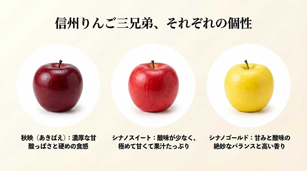 秋映、シナノスイート、シナノゴールドそれぞれの味わいと特徴を比較したスライド