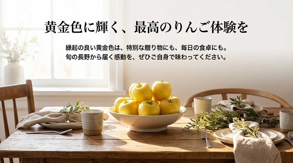 食卓に盛られた黄金色のシナノゴールドの写真と、特別な贈り物にも最適であるというメッセージ