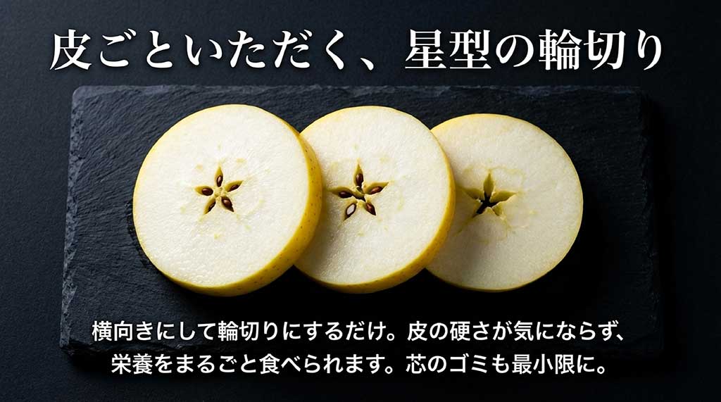 栄養を逃さずゴミも最小限にする、横向きの輪切り（スターカット）を推奨するスライド