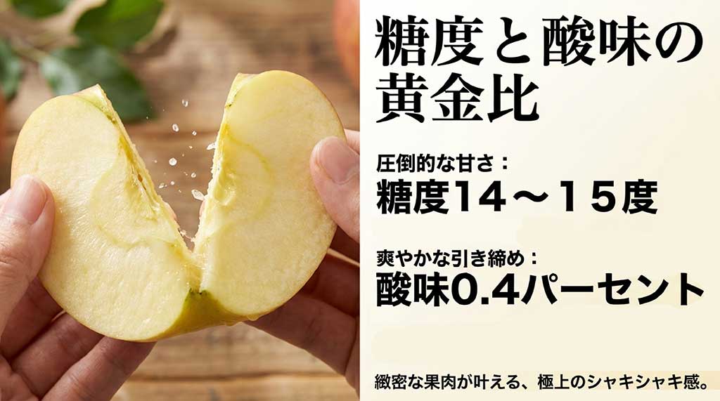 糖度14〜15度、酸味0.4%という比率と、緻密な果肉がもたらす食感を説明する図解