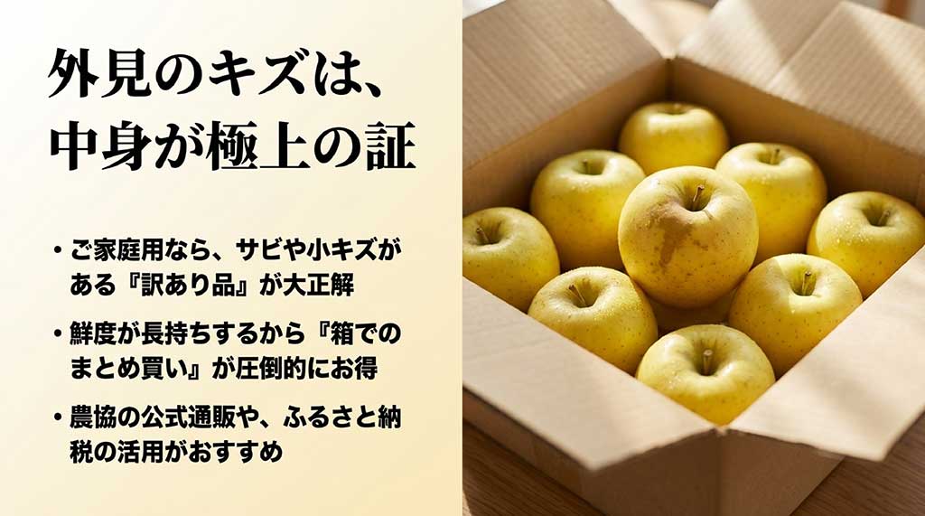 外見のキズが中身の良さの証であることや、公式通販・ふるさと納税の活用を勧める資料