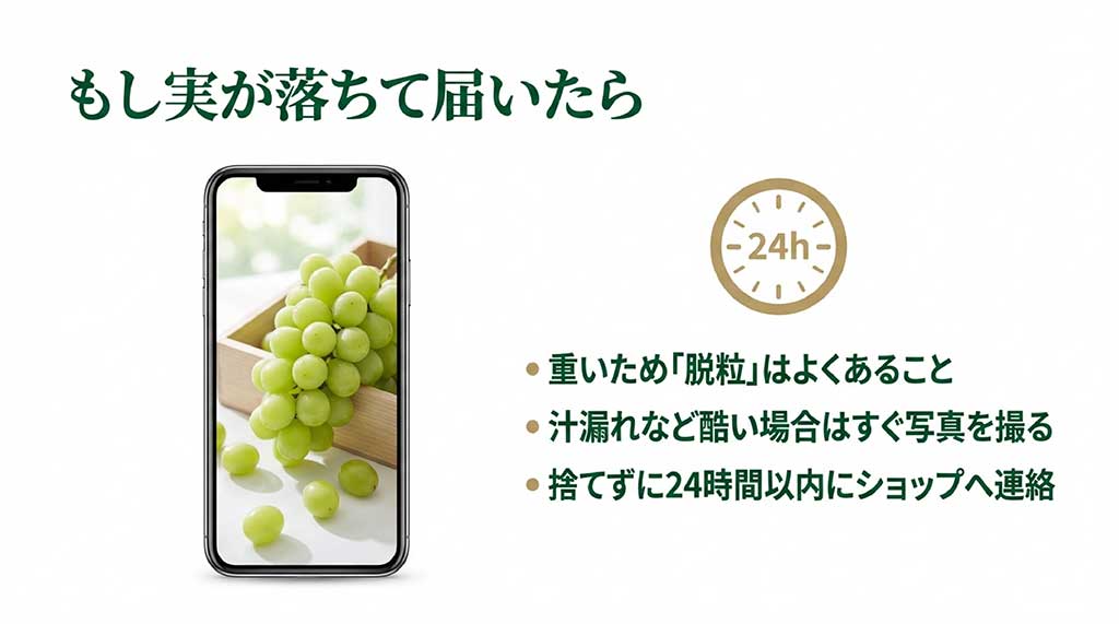 脱粒があった場合にスマホで写真を撮り、捨てずに24時間以内にショップへ連絡する手順の解説