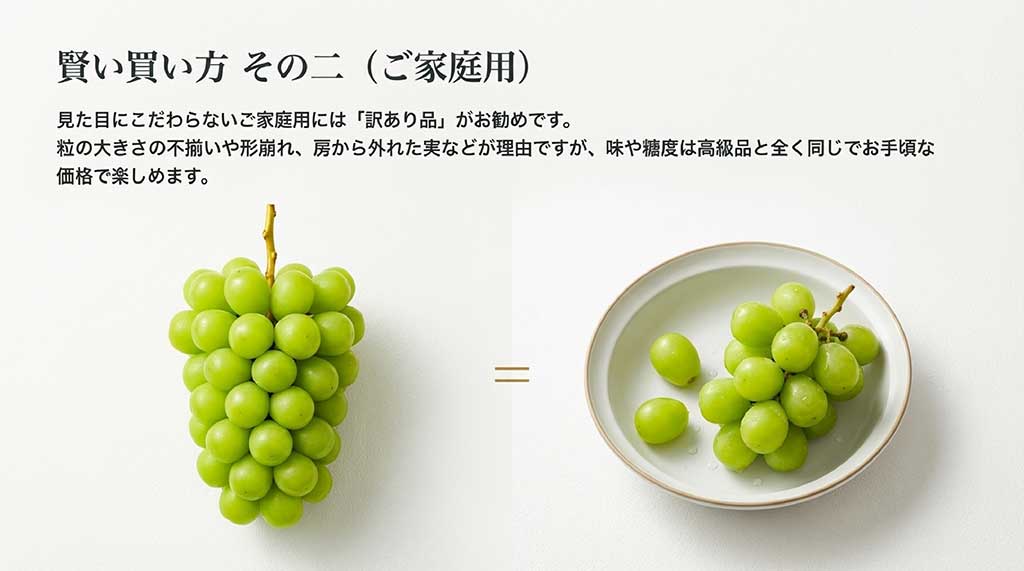 立派なシャインマスカットの一房の画像と、見た目にこだわらない家庭用の訳あり品をお勧めする説明