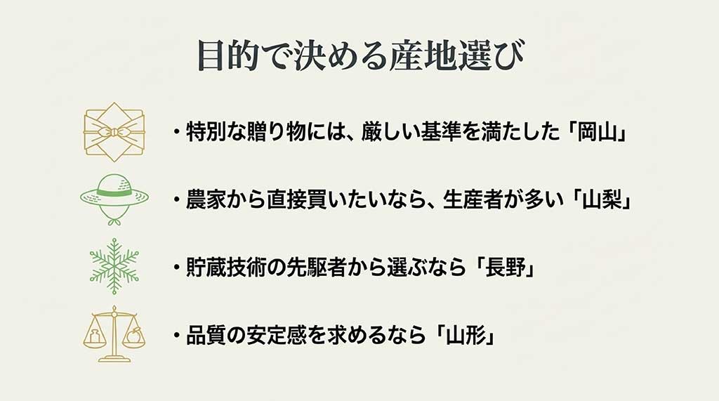 天秤のイラストと、岡山、山梨、長野、山形の各産地の特徴をまとめたリスト