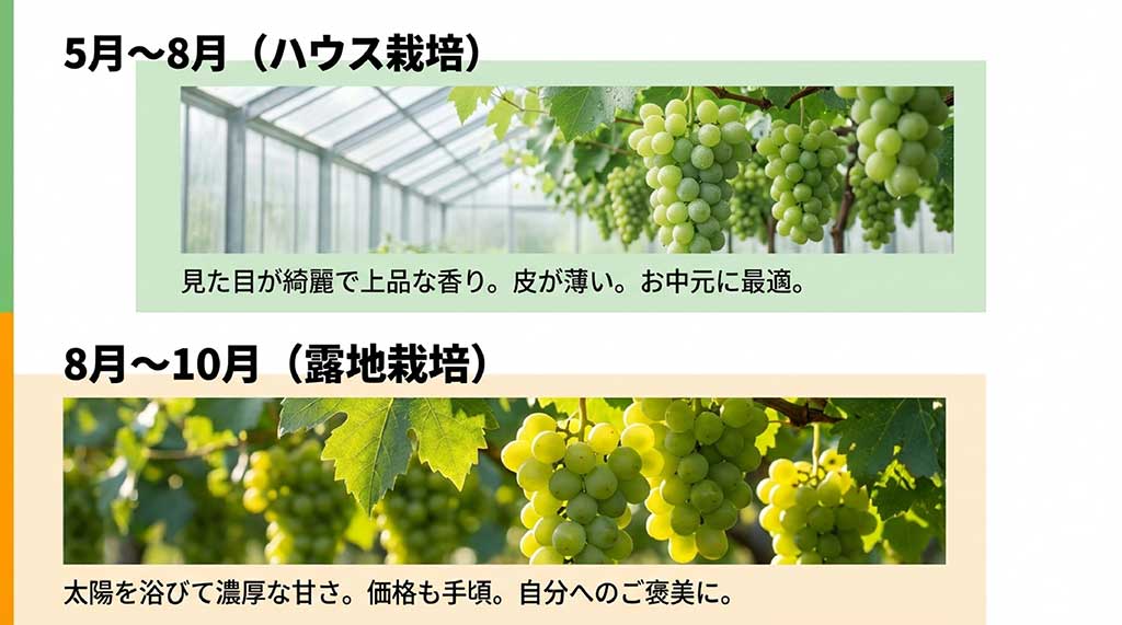 5月から12月にかけてのシャインマスカットの発送時期を、ハウス栽培、露地栽培、冷蔵貯蔵品に分けて示したスケジュール表