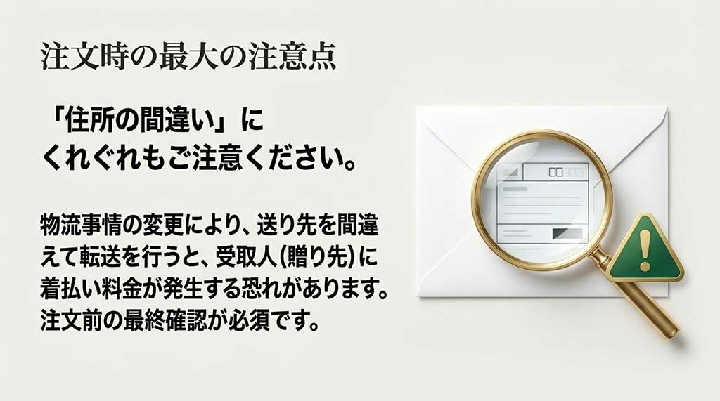 送り先の間違いによる転送で着払い料金が発生する恐れがあるため最終確認を必須とする警告スライド