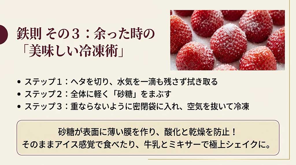ヘタを切り、砂糖をまぶして酸化を防ぎながら冷凍する手順と、アイスやシェイクへの活用法