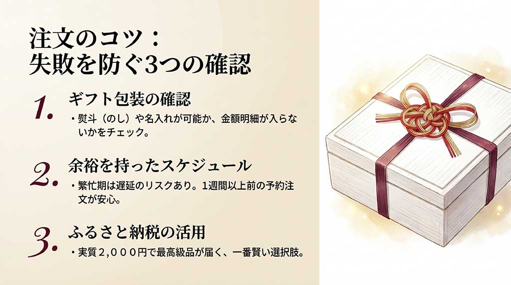 ギフト包装の確認、スケジュール管理、ふるさと納税の活用という失敗を防ぐための3つの確認事項