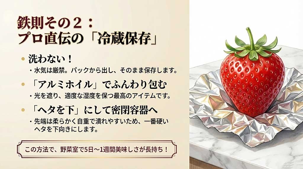 アルミホイルで包み、ヘタを下にして密閉容器に入れることで、野菜室で5日〜1週間保存できる方法の解説