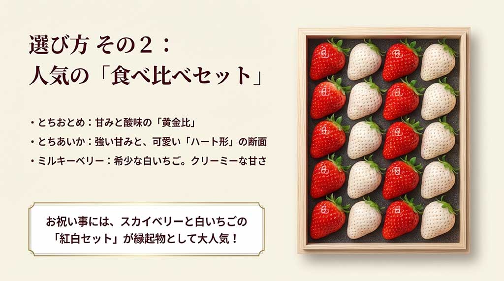 とちおとめ、とちあいか、ミルキーベリー(白いちご)の特徴比較と、縁起物の紅白セットを紹介するスライド