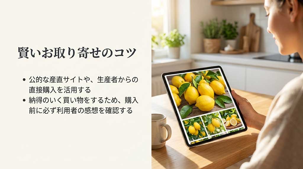 公的な産直サイトや生産者からの直接購入の活用、購入前に利用者の感想を確認することを推奨するスライド
