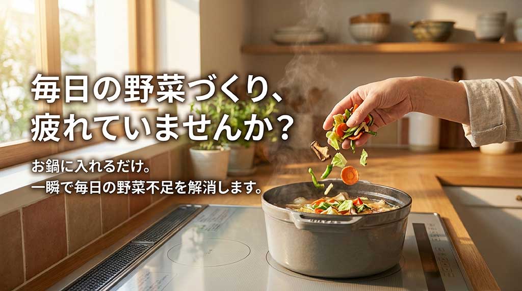 お鍋に入れるだけで毎日の野菜不足を一瞬で解消できることを伝える画像