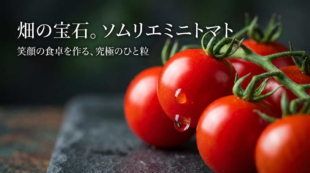 畑の宝石と称されるソムリエミニトマトの紹介スライド。笑顔の食卓を作る究極の一粒というキャッチコピー