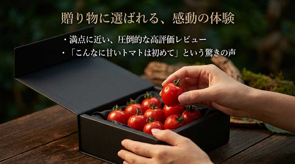 圧倒的な高評価レビューと「こんなに甘いトマトは初めて」という驚きの声を紹介するスライド