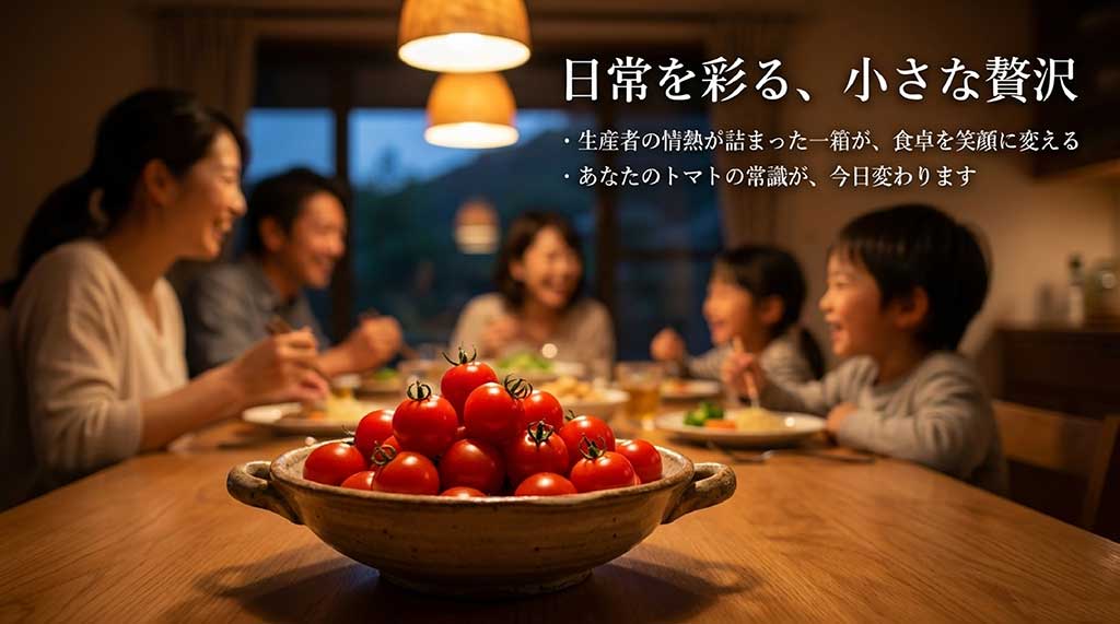 生産者の情熱が詰まった一箱が食卓を笑顔に変えるというメッセージと、まとめのスライド