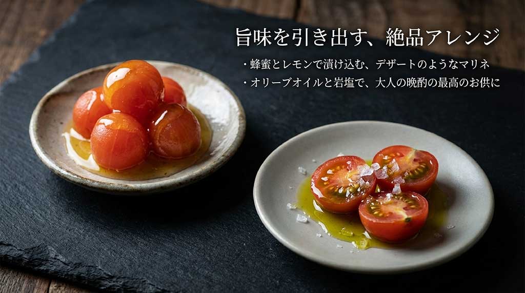 ハニーレモンマリネやオリーブオイルと岩塩のマリネなど、トマトの旨味を引き出すレシピ紹介スライド