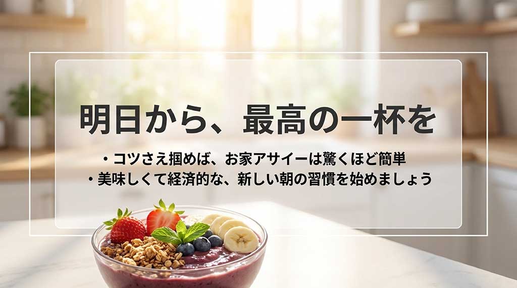 コツを掴めばお家アサイーは簡単で経済的。新しい朝の習慣を始めましょうというメッセージスライド