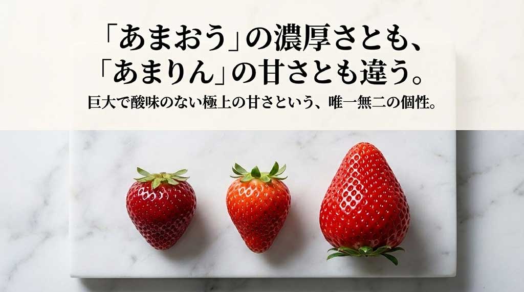 あまおうやあまりんとは違う、巨大で酸味のない極上の甘さという唯一無二の個性の比較