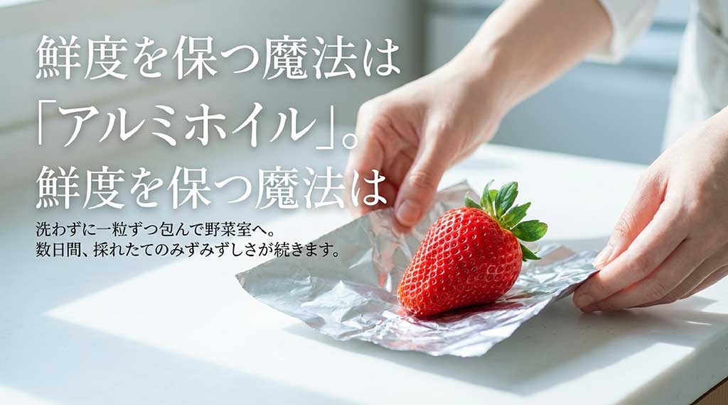 いちごを洗わずにアルミホイルで一粒ずつ包んで野菜室へ。鮮度を数日間保つ魔法の保存術