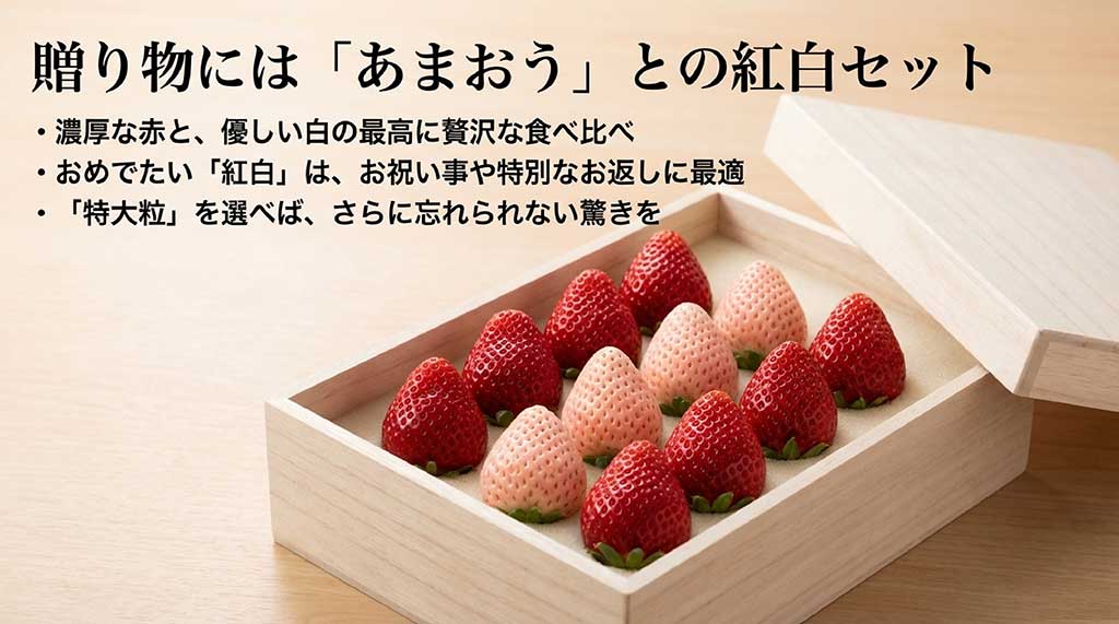 濃厚な赤のあまおうと優しい白の淡雪の紅白セットは、お祝いや贈り物に最適