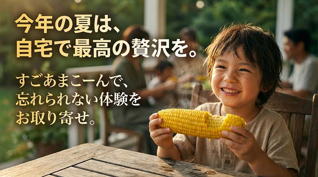 今年の夏はすごあまこーんで忘れられない体験をお取り寄せしよう、というメッセージ画像