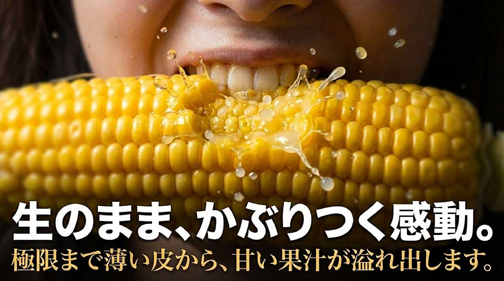 生のままかぶりつく感動、極限まで薄い皮から甘い果汁が溢れ出すことを説明するスライド