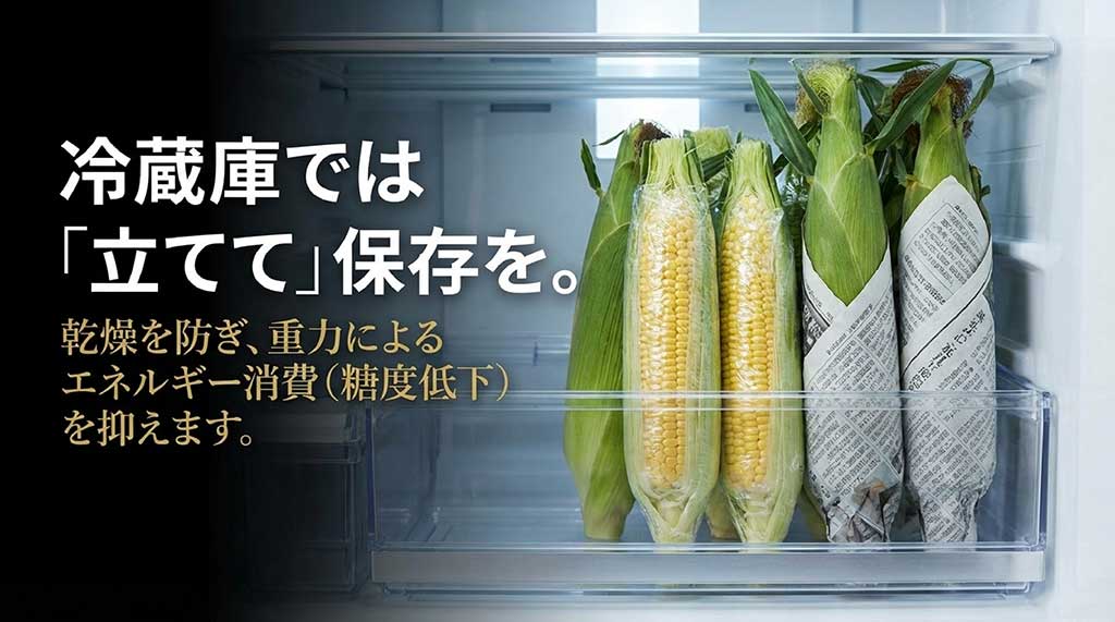 冷蔵庫で立てて保存することで、乾燥と糖度低下を抑えるコツを説明したスライド