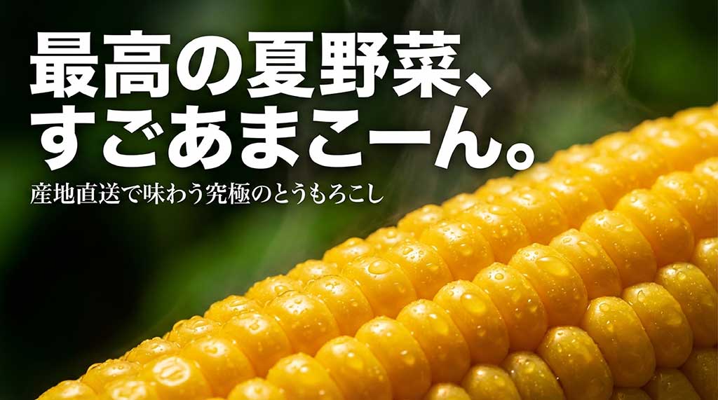 最高の夏野菜、すごあまこーん。産地直送で味わう究極のとうもろこしのキャッチコピー画像