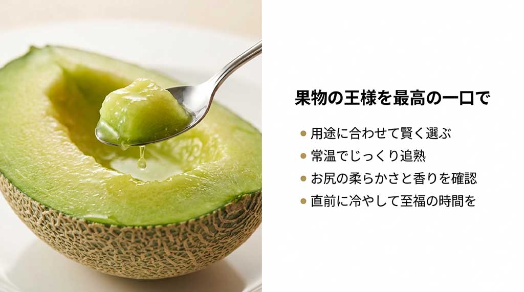 等級選び、追熟、食べ頃確認、冷やし方の4つの重要ポイントをまとめた総括スライド