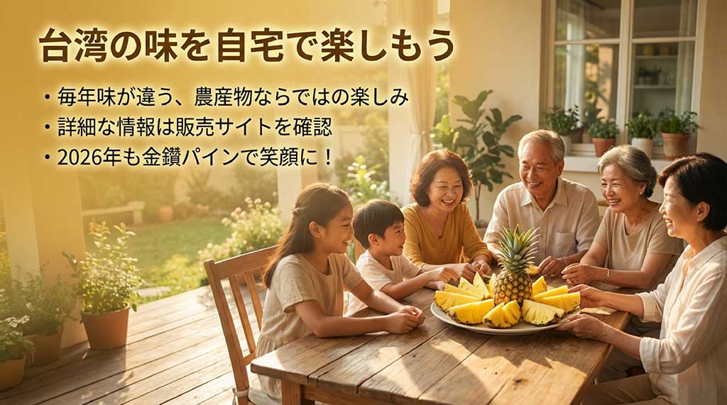 台湾の味を自宅で楽しむためのまとめ。農産物ならではの毎年の違いを楽しみ、詳細を販売サイトで確認することを促すスライド