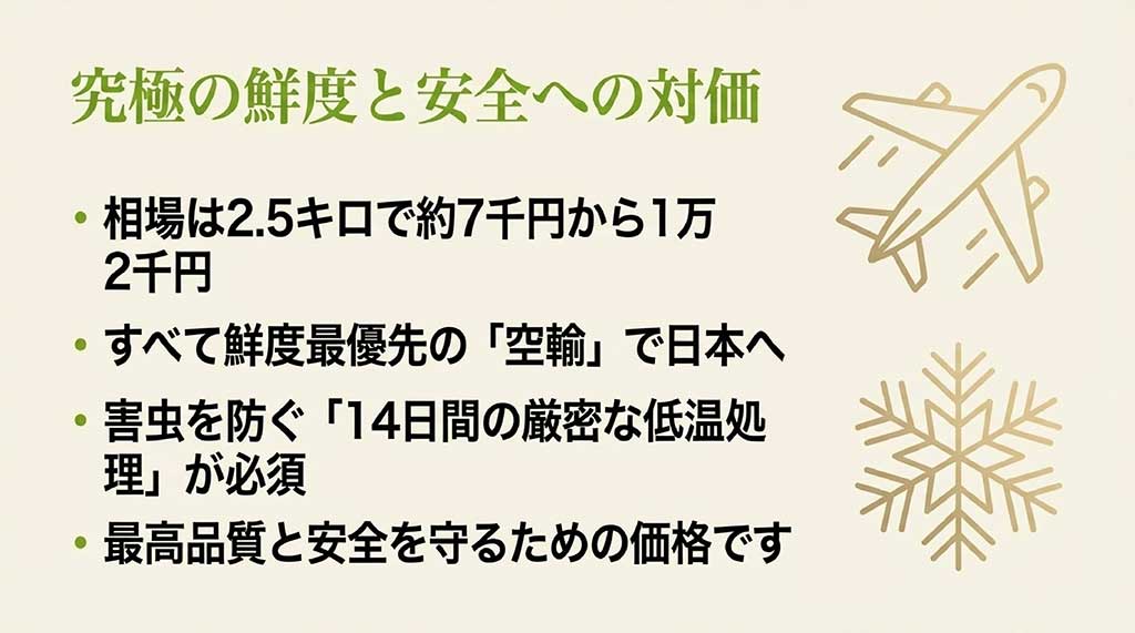 空輸や低温処理など、台湾ナツメの品質と安全を守るコストを解説した図