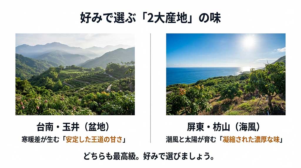 寒暖差が生む王道の甘さの「台南・玉井」と、潮風と太陽が育む濃厚な味の「屏東・枋山」の特徴を比較したスライド