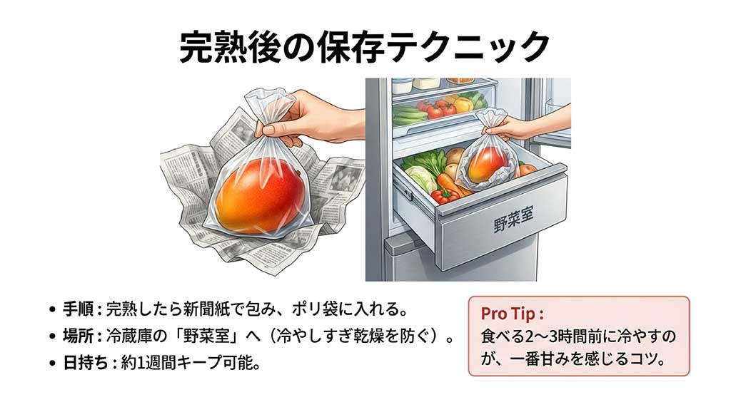 新聞紙で包みポリ袋に入れて野菜室で保存する手順と、食べる2〜3時間前に冷やす美味しさのコツを解説