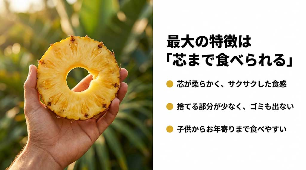 パイナップルの輪切りの中心(芯)を指で持っている写真。芯が柔らかくサクサクした食感で、ゴミが出にくく子供からお年寄りまで食べやすいことを説明