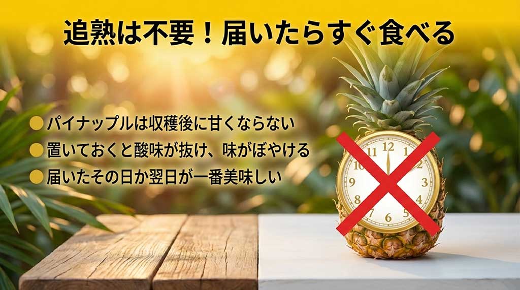 パイナップルは収穫後に甘くならず、置いておくと味がぼやけるため、届いた当日か翌日が一番美味しいという説明
