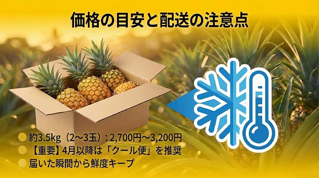 約3.5kg(2〜3玉)で2,700円〜3,200円の価格目安と、4月以降は鮮度キープのためにクール便を推奨するアイコン画像