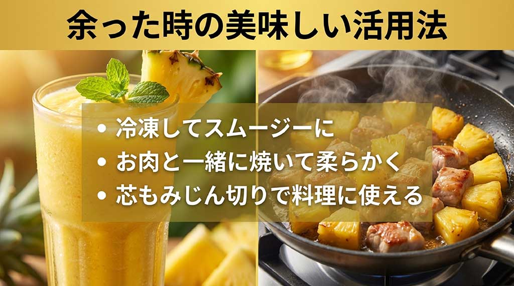冷凍スムージー、お肉と一緒に焼く、芯をみじん切りにして料理に使うなどの活用レシピの紹介