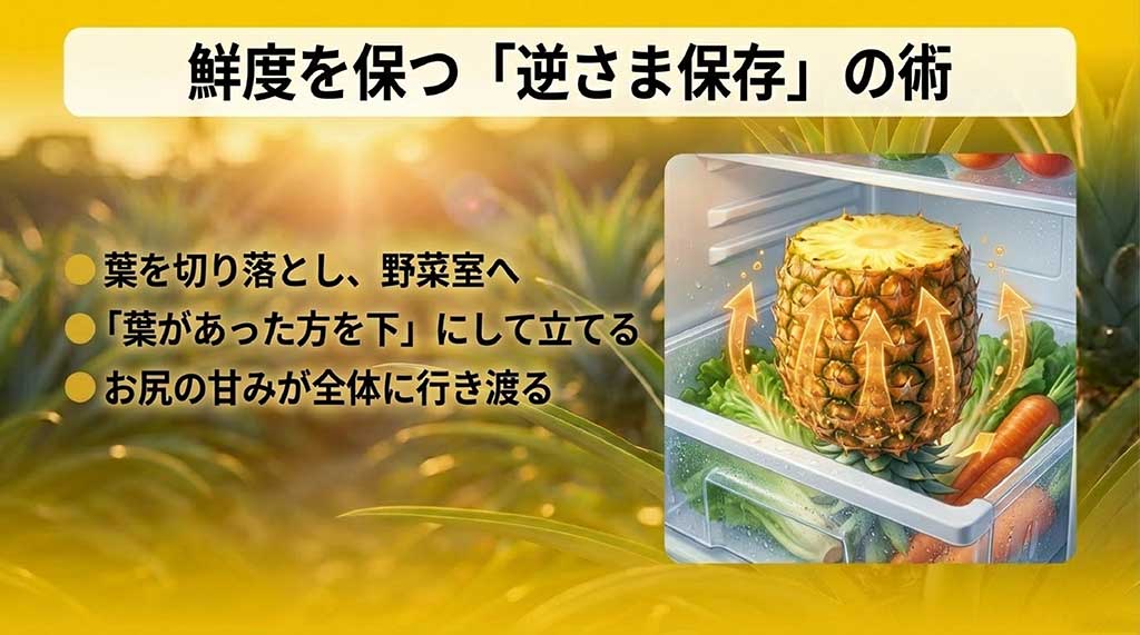 葉を切り落とし、葉があった方を下にして野菜室に立てることで、お尻の甘みが全体に行き渡る保存方法の解説
