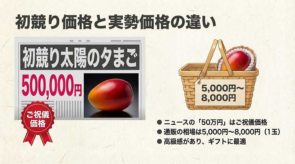 初競りのご祝儀価格50万円と、通販での通常相場5,000円〜8,000円を比較した図解