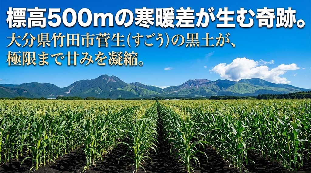 標高500mの寒暖差と大分県竹田市菅生の黒土が甘みを凝縮させる栽培の秘密を解説する画像