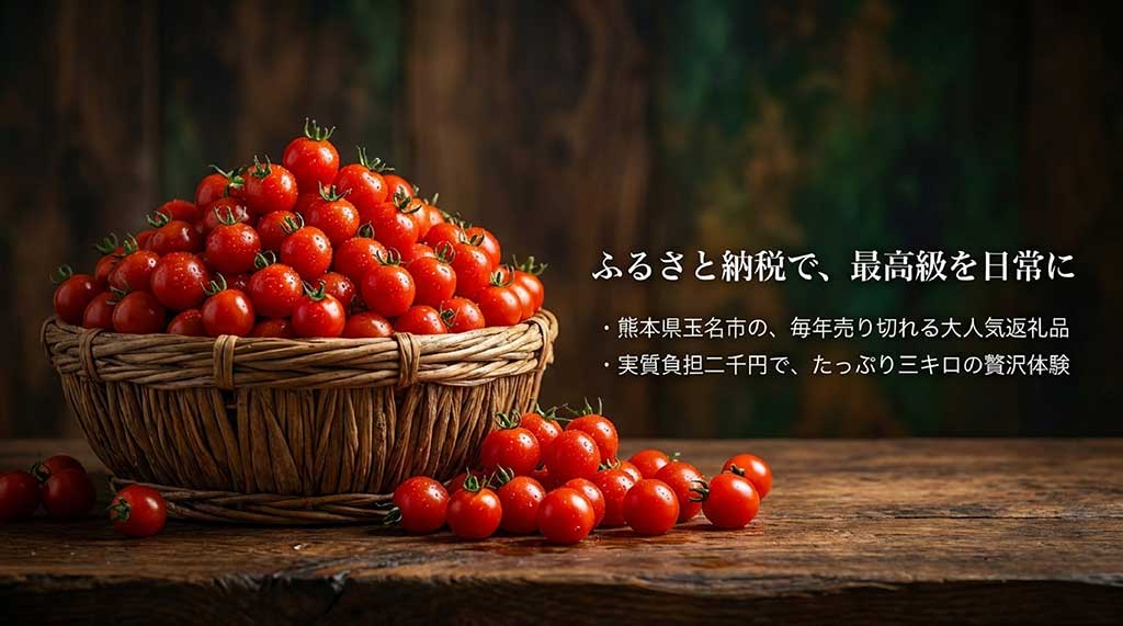 熊本県玉名市で毎年売り切れる大人気返礼品としてのソムリエミニトマト紹介スライド。実質負担2,000円のメリット