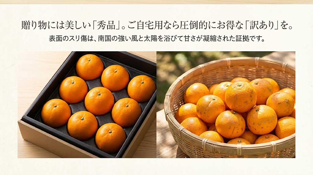 美しい贈答用ボックスと、表面に傷があるが甘い自宅用たんかんの比較画像