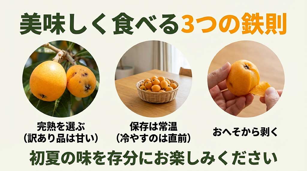 茂木びわを美味しく食べる3つの鉄則(完熟・常温・おへそ剥き)