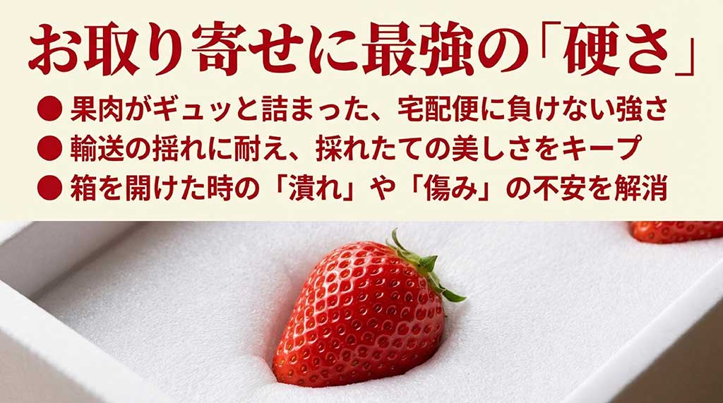 果肉が詰まっており、輸送の揺れに耐え傷みを防ぐ「お取り寄せに最強の硬さ」を解説するスライド