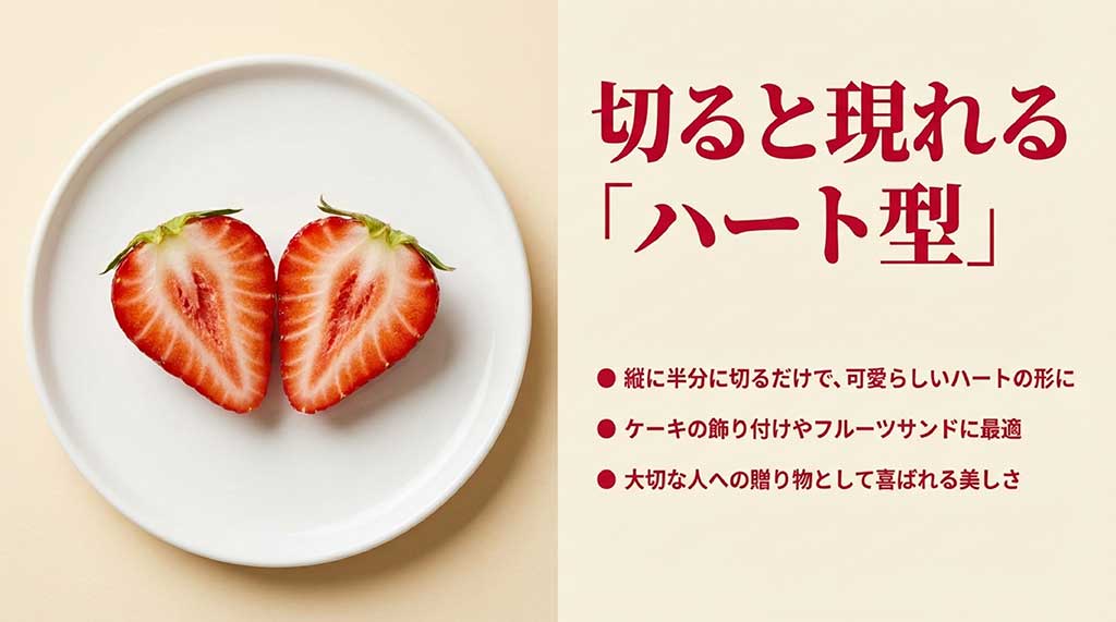 縦に半分に切ると現れる可愛いハート型。ケーキの飾り付けやギフトに最適な見た目の魅力を伝えるスライド