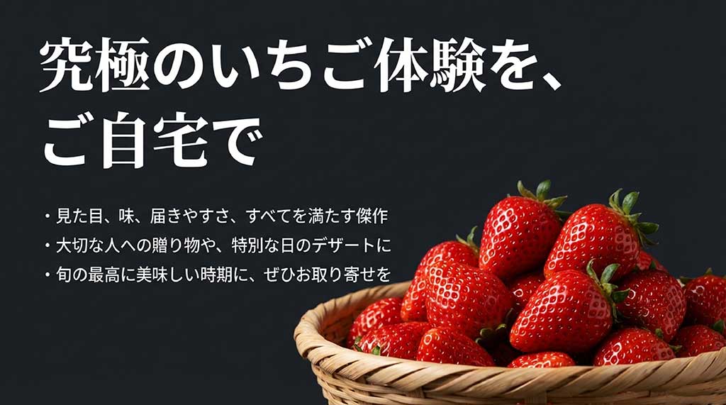 第4回全国いちご選手権で最高金賞を受賞し、1万株の交配から選ばれた奇跡の新品種であることを示す実績スライド。