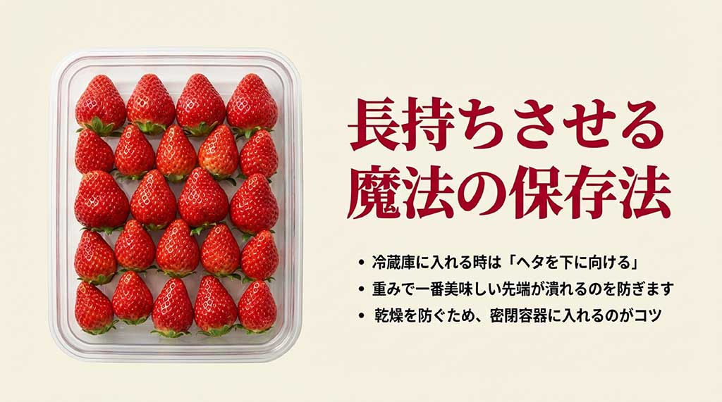 冷蔵保存時はヘタを下に向けて並べ、密閉容器に入れて乾燥を防ぐ、先端の潰れを防止する保存術