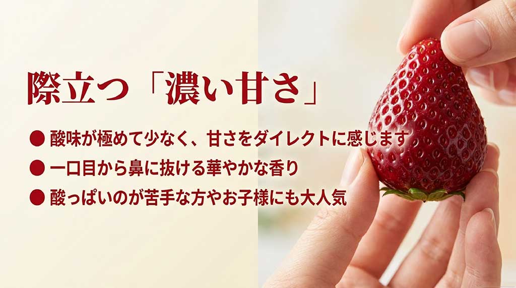 酸味が少なく甘さをダイレクトに感じる点や、鼻に抜ける華やかな香りを解説するとちあいかの味覚特徴スライド