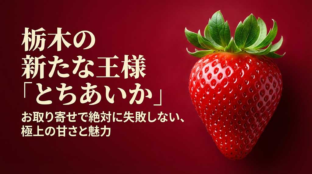 栃木の新たな王様とちあいかの紹介。お取り寄せで失敗しない極上の甘さと魅力を伝えるタイトルスライド